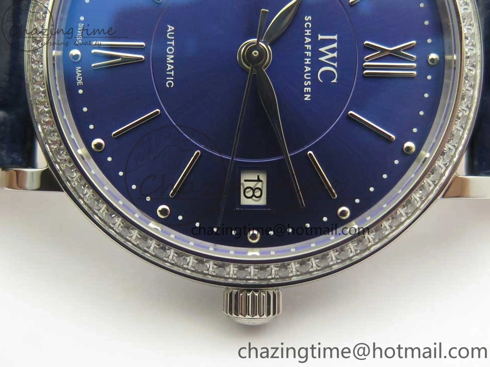 MIROTIME 0210 Fashionable Portofino IW458101 Diamond Bezel SS MK 1:1 Best Edition Blue Dial On Blue Leather Strap MIYOTA 7169